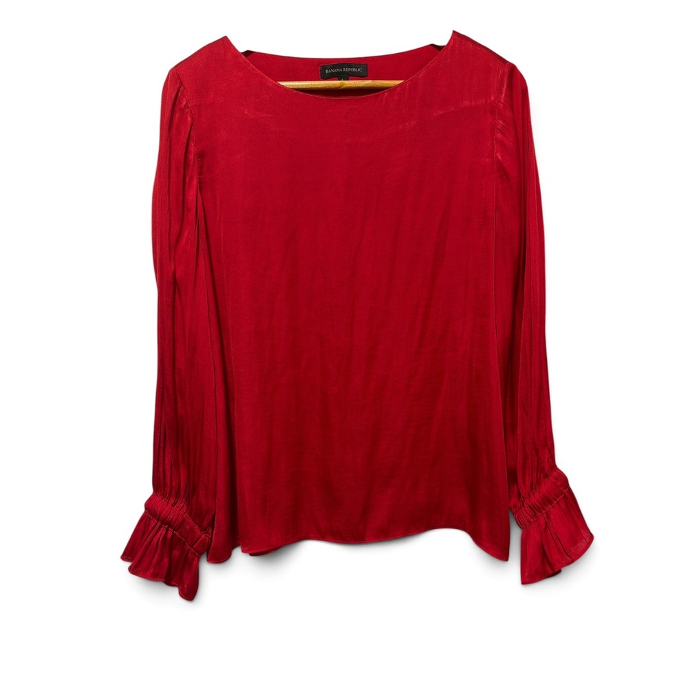 Banana Republic Red Satin Blouse Long Sleeve Smocked Ruffle Cuff Top Large